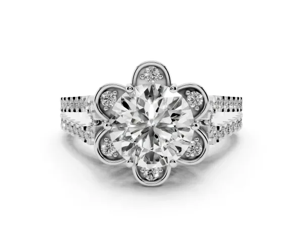 Round Cut Halo Diamond Floral Split Shank Engagement Ring Platinum