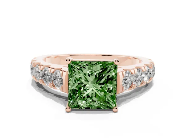 Fancy Green Princess Cut Cut Diamond Solitaire Ring with Micro Pave Band and Prong Setting Rose gold