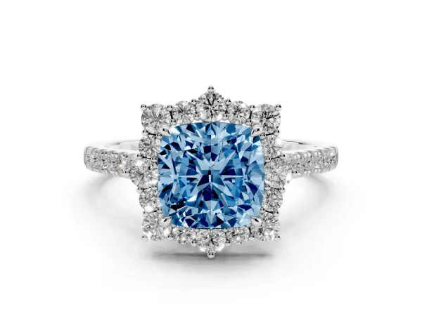 Fancy Blue Cushion Cut Halo Diamond Ring with Pavé Band and Prong Setting White gold