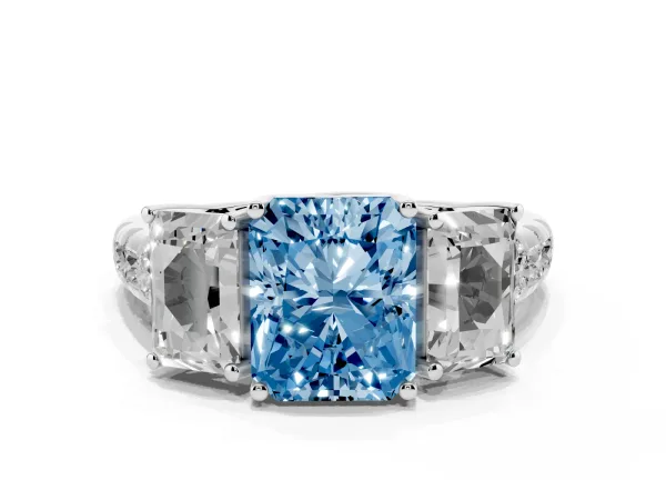 Fancy Blue Three-Stone Radiant Cut Diamond Pavé Band with Prong Setting Platinum