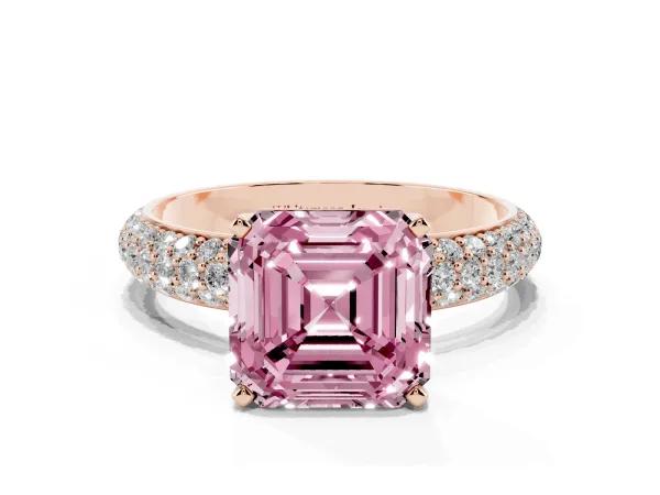 Fancy Pink Asscher Cut Diamond Solitaire Ring with Prong Setting and Pavé Band Rose gold