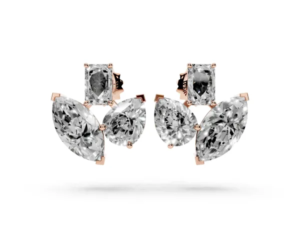 Emerald, Marquise and Pear Diamond Mosaic Three Stone Fan Earrings Rose gold