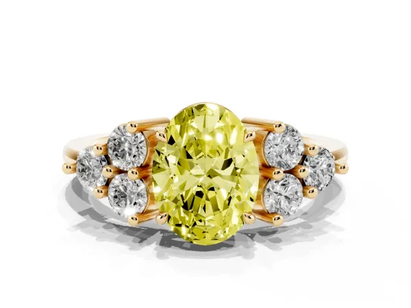 Fancy Yellow Oval Cut Brilliant Diamond Cluster Accent Solitaire Ring with Prong Setting Yellow gold