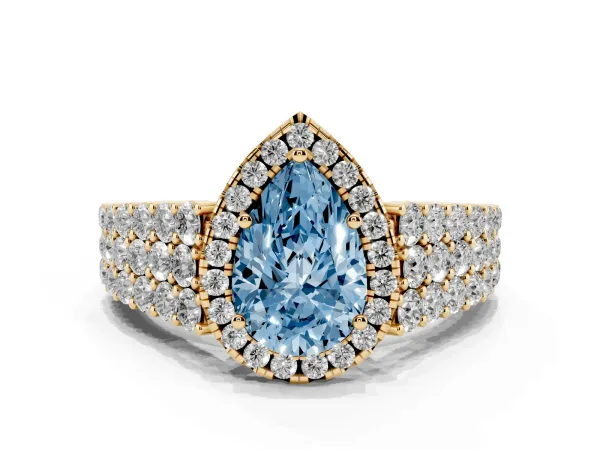 Fancy Blue Pear Cut Diamond Halo Engagement Ring with Triple Row Round Pavé Band and Prong Setting Yellow gold