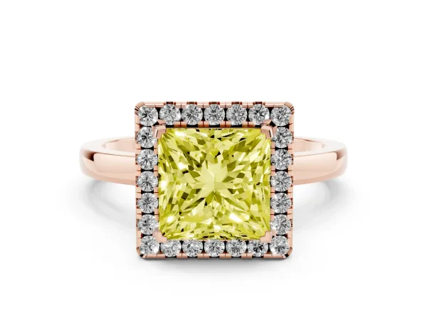 Fancy Yellow Princess Cut Halo Diamond Solitaire with Pavé Band and Four-Prong Setting Rose gold