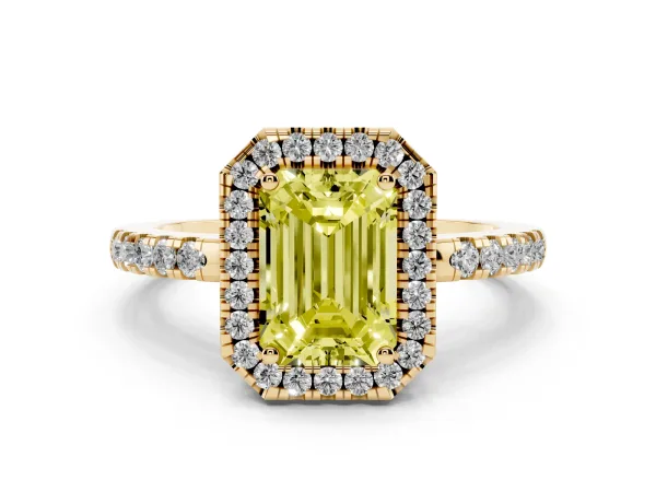 Fancy Yellow Emerald Cut Halo Diamond Engagement Ring with Pavé Band and Four-Prong Setting Yellow gold