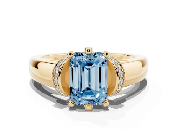 Fancy Blue Emerald Cut Solitaire Diamond Ring with Pave Band and Six-Prong Setting Yellow gold