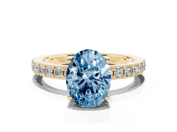 Fancy Blue Oval Cut Cut Diamond Solitaire with Pave Band and Four-Prong Setting Yellow gold