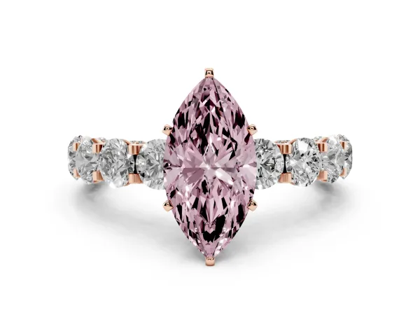Fancy Pink Marquise Cut Diamond Side Stone Engagement Ring with Four-Prong Setting Rose gold