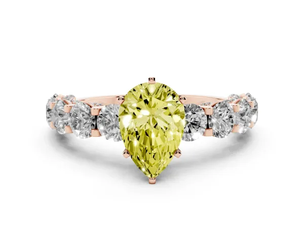 Fancy Yellow Pear Cut Diamond Side Stone Engagement Ring with Four-Prong Setting Rose gold