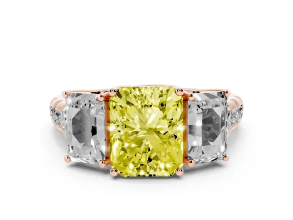 Fancy Yellow Three-Stone Radiant Cut Diamond Pavé Band with Prong Setting Rose gold