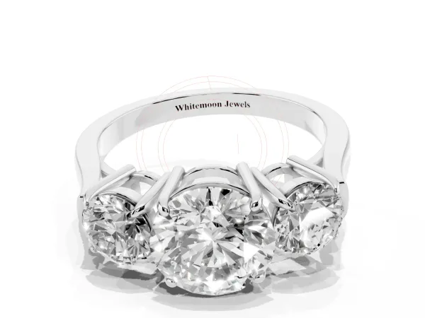 Three-Stone Round Cut Cut Diamond Ring with Round Accent Stones, Prong Setting, and Classic Band Platinum