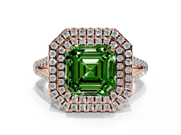 Fancy Green Asscher Cut Diamond Double Halo Ring with Pavé Band and Prong Setting Rose gold