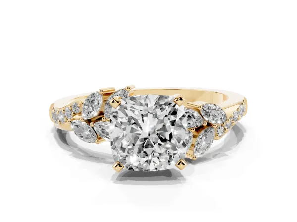 Cushion Cut Solitaire Marquise Twist Band with Six-Prong Setting Yellow gold