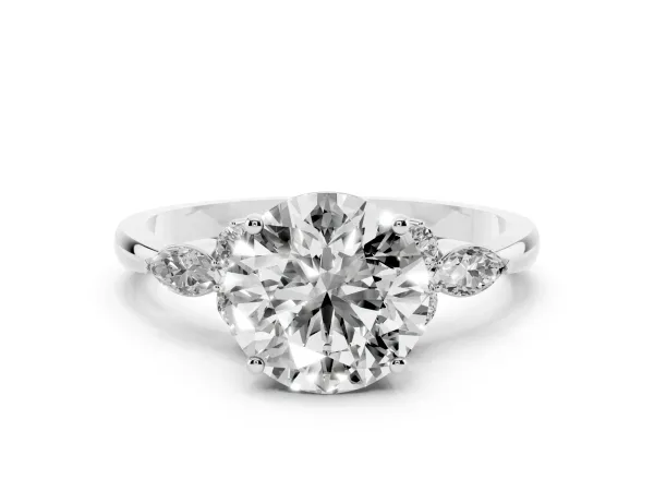 Round Cut Brilliant Diamond Solitaire Ring with Pear Side Stones and Four-Prong Setting Platinum