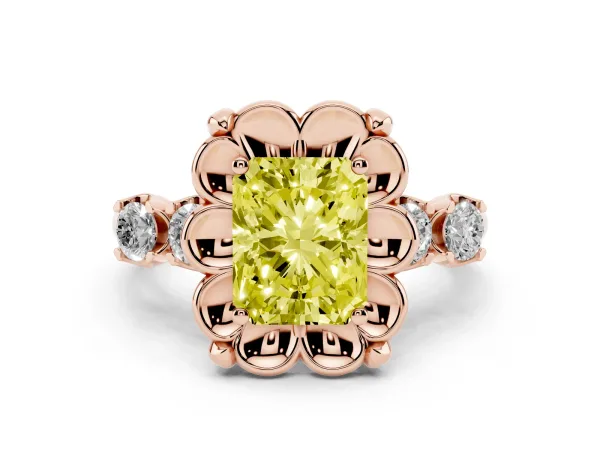 Fancy Yellow Radiant Cut Cut Diamond Floral Halo Engagement Ring with Shared Prong Setting Rose gold
