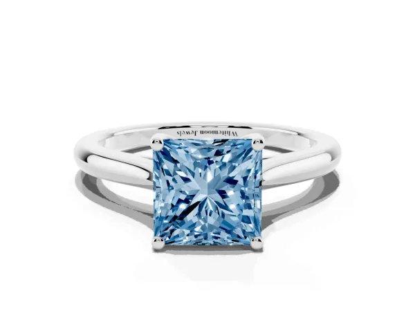 Fancy Blue Princess Cut Cut Solitaire Ring with Cathedral Band and Four-Prong Setting Platinum