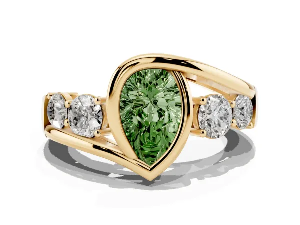 Fancy Green Bezel Set Pear Cut Diamond Bypass Ring with Round Accents Yellow gold