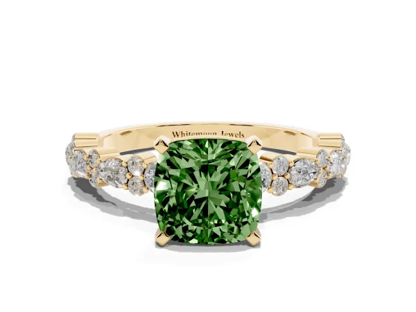 Fancy Green Cushion Cut Diamond Side Stone Solitaire Ring with Round and Four-Prong Setting Yellow gold
