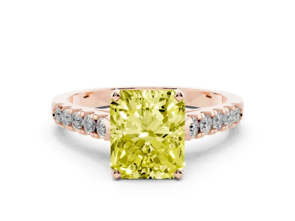 Fancy Yellow Radiant Cut Diamond Pavé Band Solitaire Ring with Prong Setting Rose gold