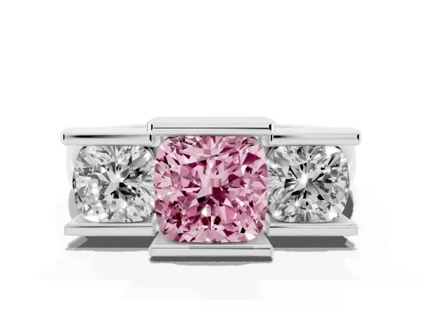 Fancy Pink Three Stone Cushion Cut Cut Channel Set Diamond Ring Platinum