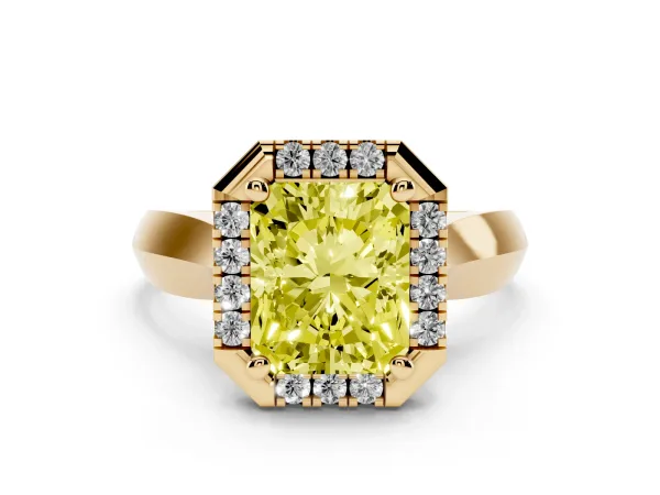 Fancy Yellow Radiant Cut Cut Halo Solitaire Engagement Ring with Square Band and Four-Prong Setting Yellow gold