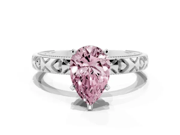 Fancy Pink Pear Cut Solitaire Diamond Engagement Ring with XO Engraved Band and Four-Prong Setting Platinum