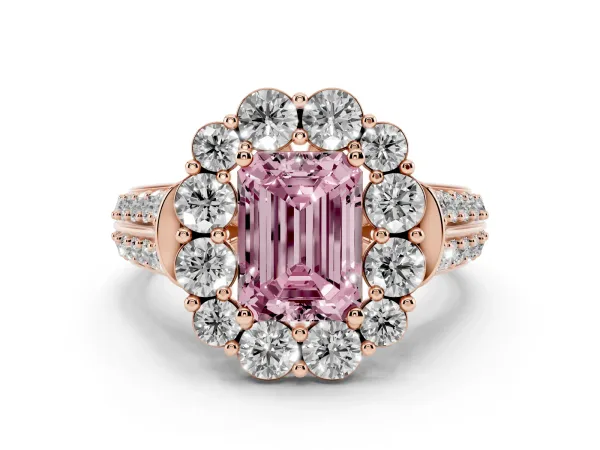Fancy Pink Emerald Cut Halo Diamond Engagement Ring with Split Shank and Prong Setting Rose gold