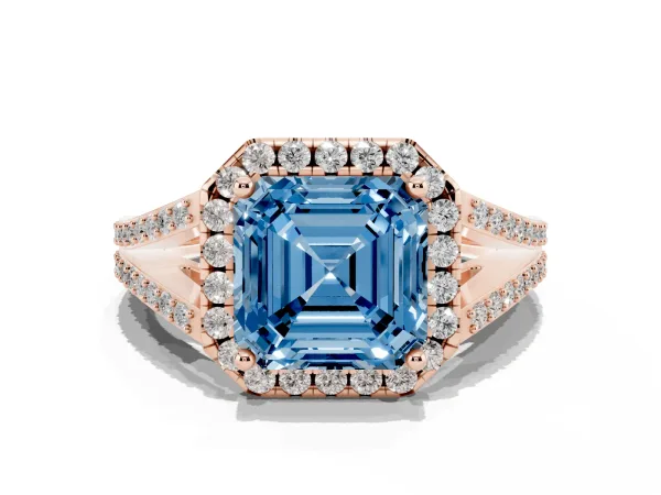 Fancy Blue Asscher Cut Halo Split Shank Diamond Ring with Prong Setting Rose gold