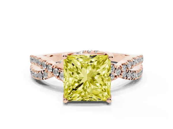 Fancy Yellow Princess Cut Solitaire Twist Pave Diamond Engagement Ring with Prong Setting Rose gold