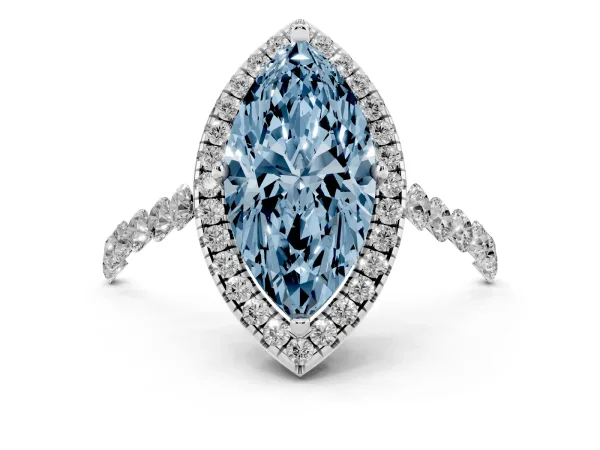 Fancy Blue Marquise Cut Halo Pavé Diamond Engagement Ring with Four-Prong Setting Platinum