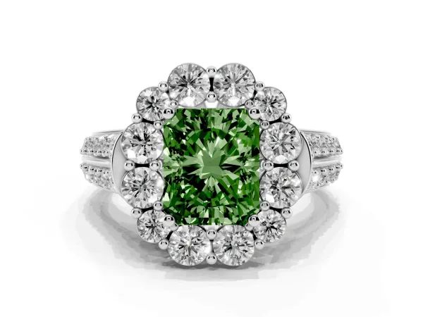 Fancy Green Radiant Cut Halo Diamond Engagement Ring with Split Shank and Prong Setting Platinum