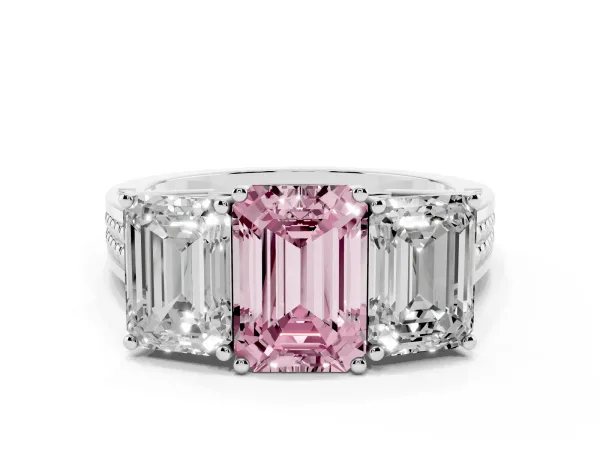 Fancy Pink Emerald Cut Diamond Three-Stone Ring with Prong Setting and Textured Band Platinum