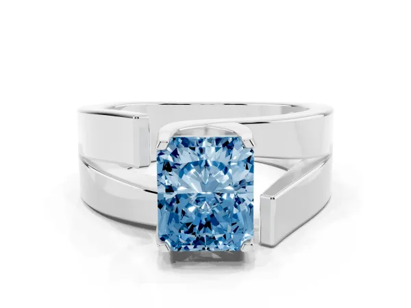Fancy Blue Modern Tension Set Radiant Cut Diamond Solitaire Wide Band Ring Platinum