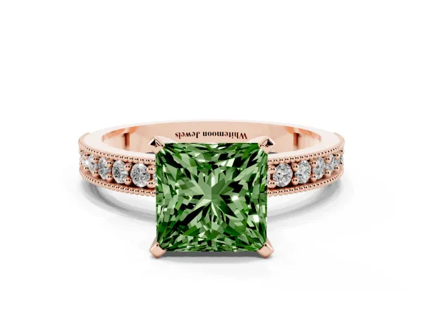 Fancy Green Princess Cut Diamond Milgrain Pavé Engagement Ring with Four-Prong Setting Rose gold