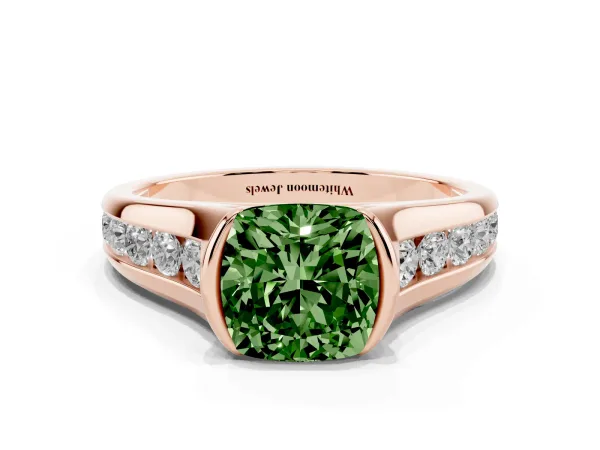 Fancy Green Cushion Cut Solitaire Bezel-Set Diamond Ring with Channel-Set Band Rose gold