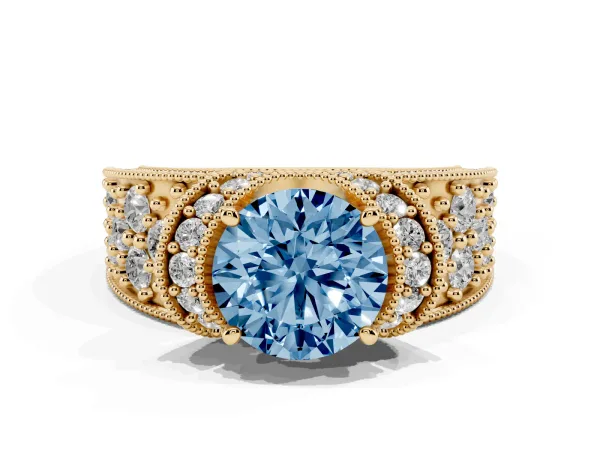 Fancy Blue Round Cut Halo Pave Diamond Engagement Ring with Milgrain Detailing Yellow gold