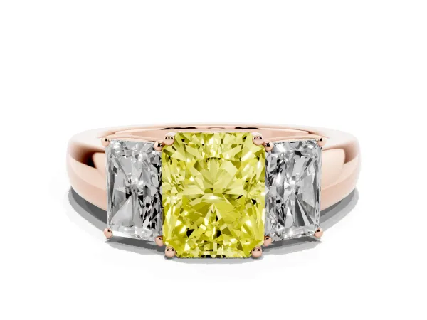 Fancy Yellow Three-Stone Radiant Cut Cut Diamond Ring with Prong Setting and Classic Band Rose gold