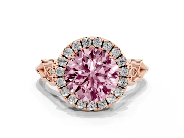 Fancy Pink Round Cut Halo Diamond Engagement Ring with Filigree Band and Four-Prong Setting Rose gold