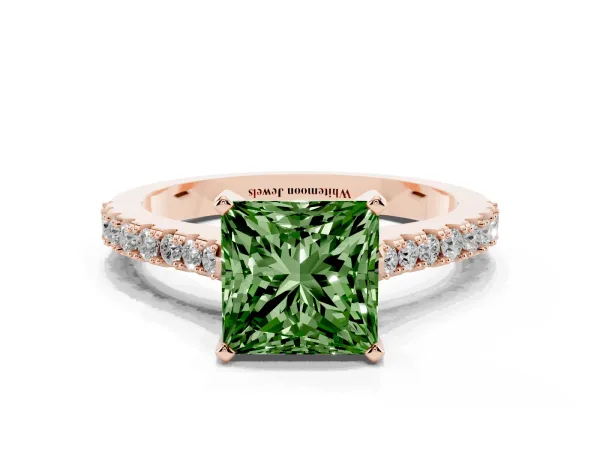 Fancy Green Princess Cut Cut Solitaire Diamond Engagement Ring with Pave Band and Four-Prong Setting Rose gold