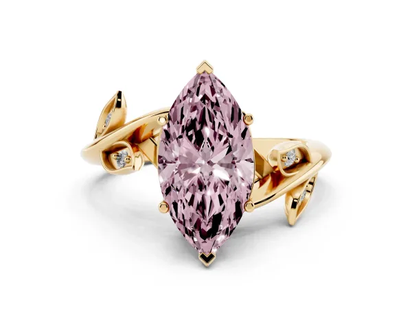 Fancy Pink Marquise Cut Solitaire Twist Engagement Ring with Leaf Accents and Prong Setting Yellow gold