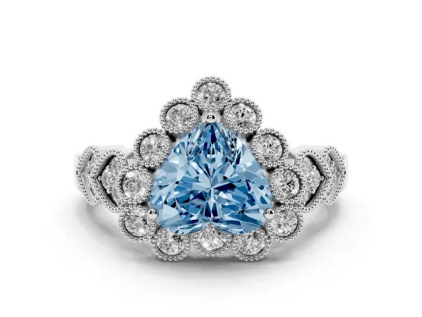 Fancy Blue Heart Cut Brilliant Milgrain Pave Heart Band Solitaire Ring White gold