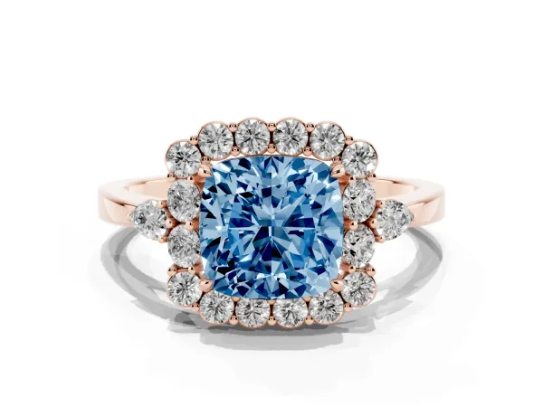 Fancy Blue Cushion Cut Diamond Halo Ring with Pear Side Stones and Prong Setting Rose gold