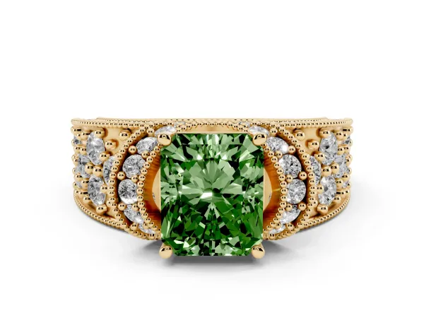 Fancy Green Radiant Cut Halo Pave Diamond Engagement Ring with Milgrain Detailing Yellow gold