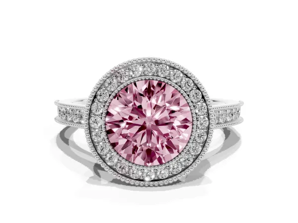 Fancy Pink Halo Round Cut-Cut Diamond Pave Band Milgrain Prong Setting Ring White gold
