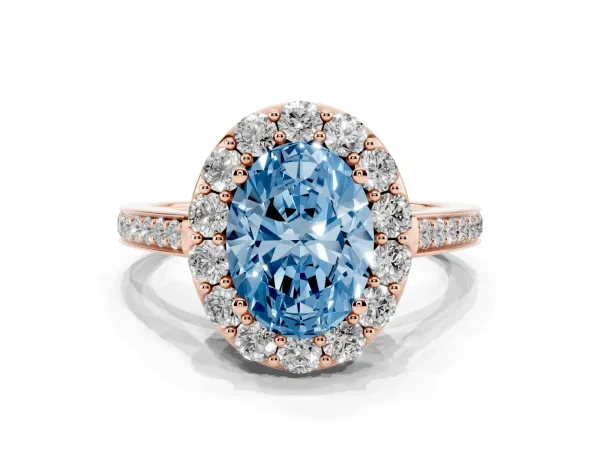 Fancy Blue Oval Cut Diamond Floral Halo Ring with Pavé Band and Prong Setting Rose gold
