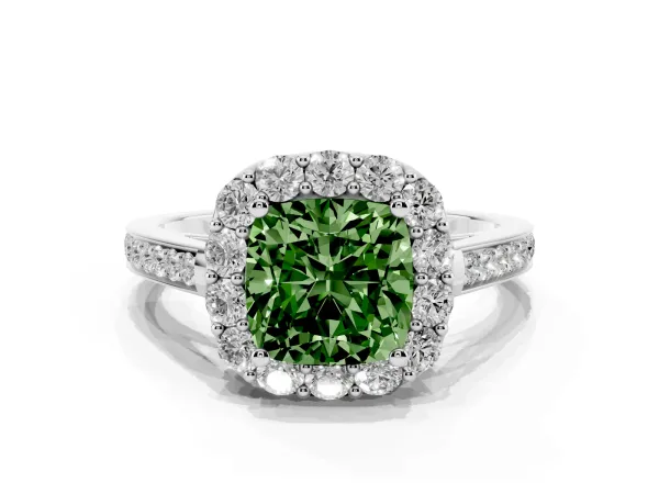 Fancy Green Cushion Cut Diamond Floral Halo Ring with Pavé Band and Prong Setting White gold