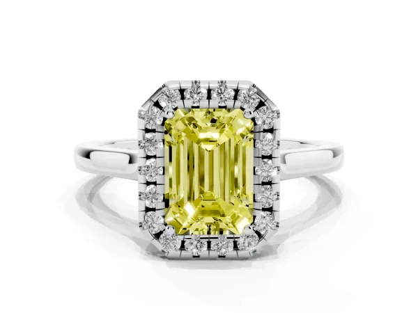 Fancy Yellow Emerald Cut Halo Round Diamond Solitaire Ring with Pavé Band and Four-Prong Setting Platinum