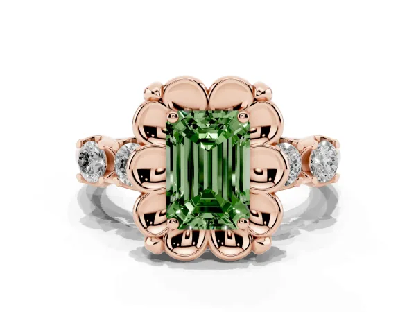 Fancy Green Emerald Cut Cut Diamond Floral Halo Engagement Ring with Shared Prong Setting Rose gold
