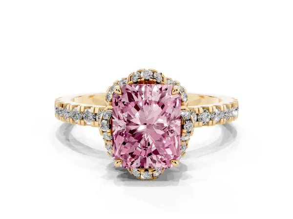 Fancy Pink Radiant Cut Halo Diamond Pave Band Ring with Four-Prong Setting Yellow gold